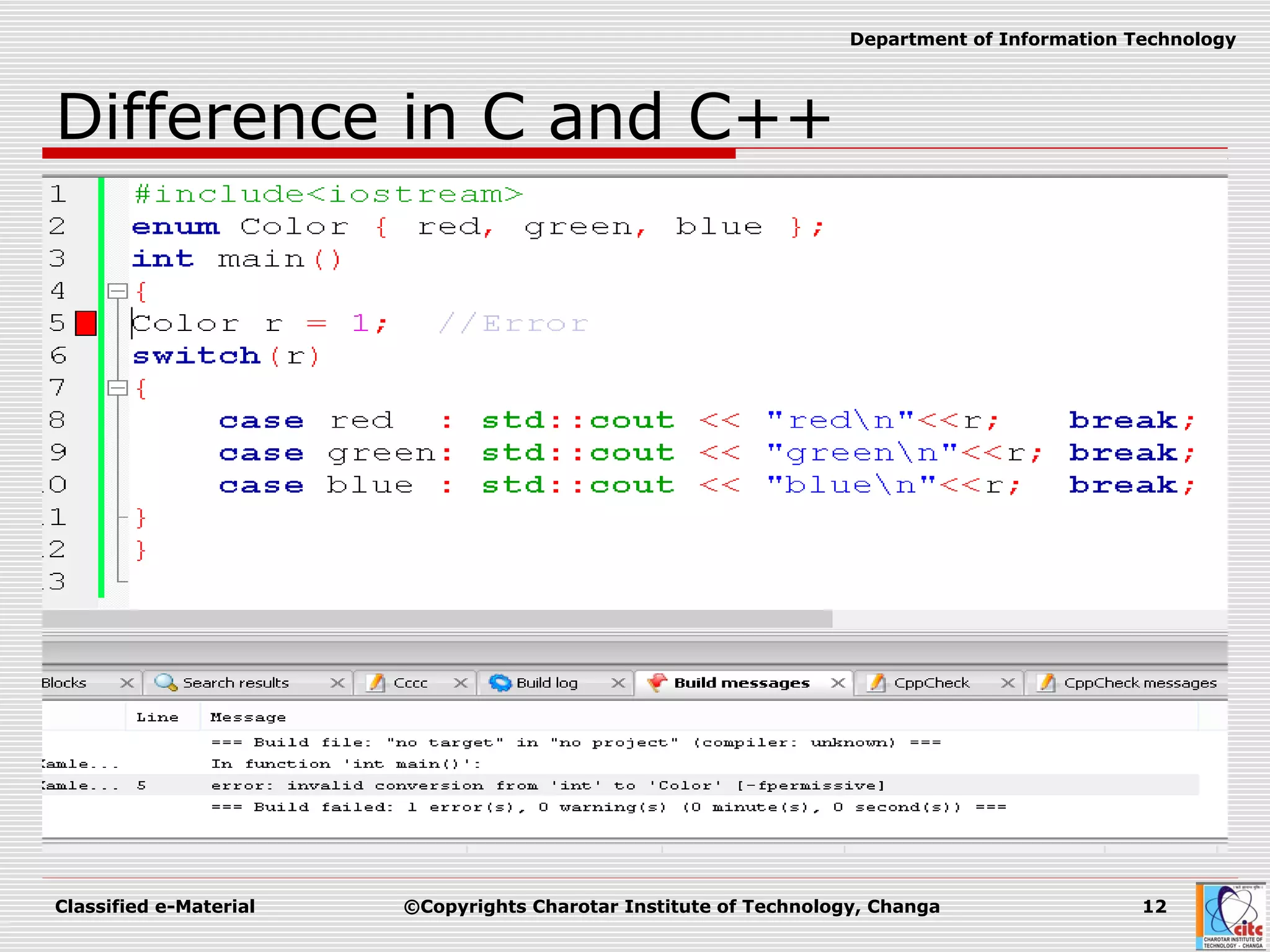 Classified e-Material ©Copyrights Charotar Institute of Technology, Changa 12
Department of Information Technology
Difference in C and C++
 