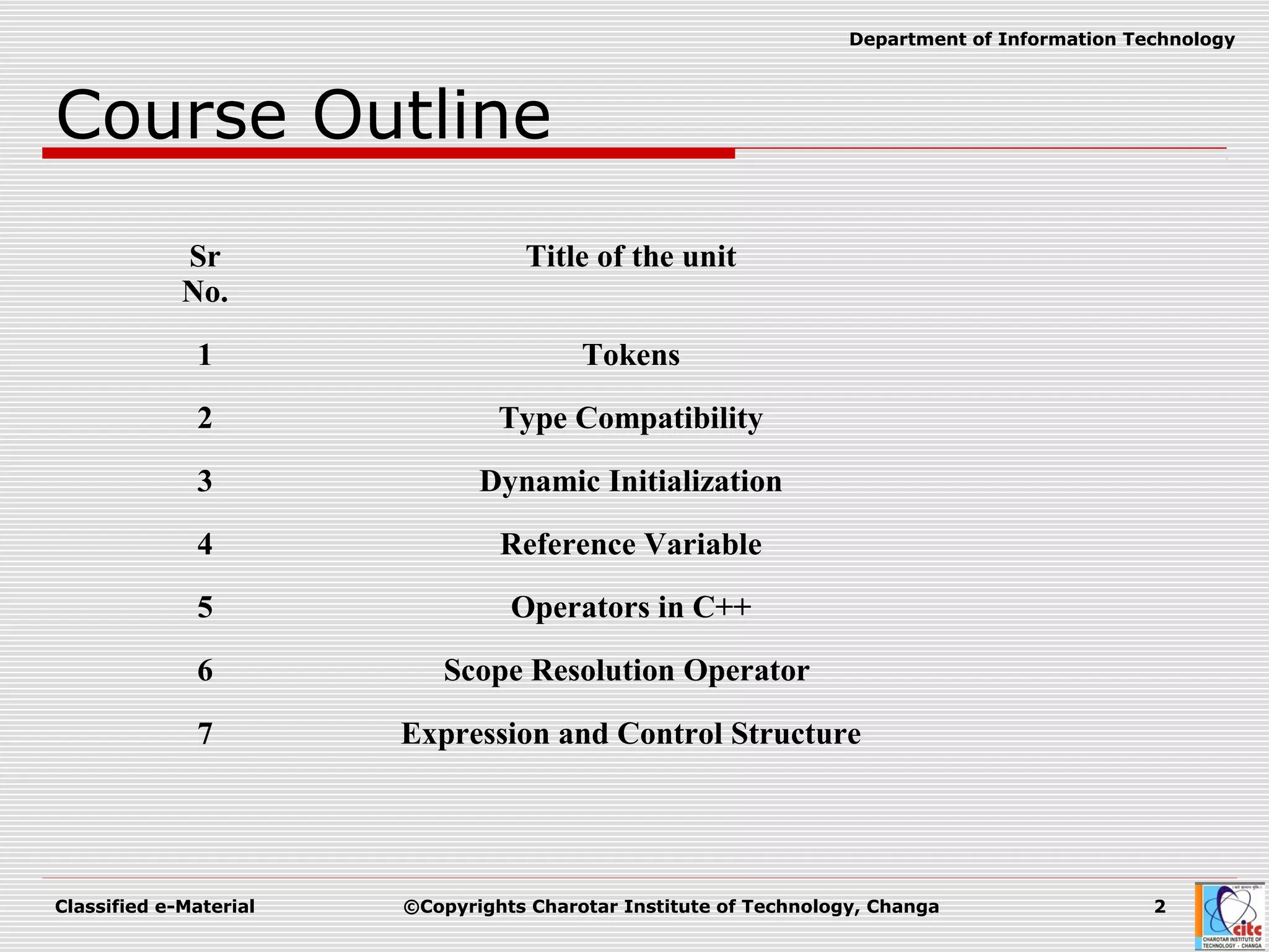 Classified e-Material ©Copyrights Charotar Institute of Technology, Changa 2
Department of Information Technology
Course Outline
Sr
No.
Title of the unit
1 Tokens
2 Type Compatibility
3 Dynamic Initialization
4 Reference Variable
5 Operators in C++
6 Scope Resolution Operator
7 Expression and Control Structure
 
