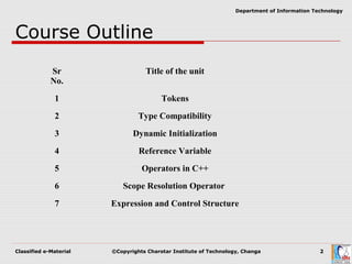 Classified e-Material ©Copyrights Charotar Institute of Technology, Changa 2
Department of Information Technology
Course Outline
Sr
No.
Title of the unit
1 Tokens
2 Type Compatibility
3 Dynamic Initialization
4 Reference Variable
5 Operators in C++
6 Scope Resolution Operator
7 Expression and Control Structure
 