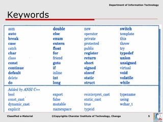Classified e-Material ©Copyrights Charotar Institute of Technology, Changa 5
Department of Information Technology
Keywords
 Implement specific C++ language
features
 They are explicitly reserved identifiers
 