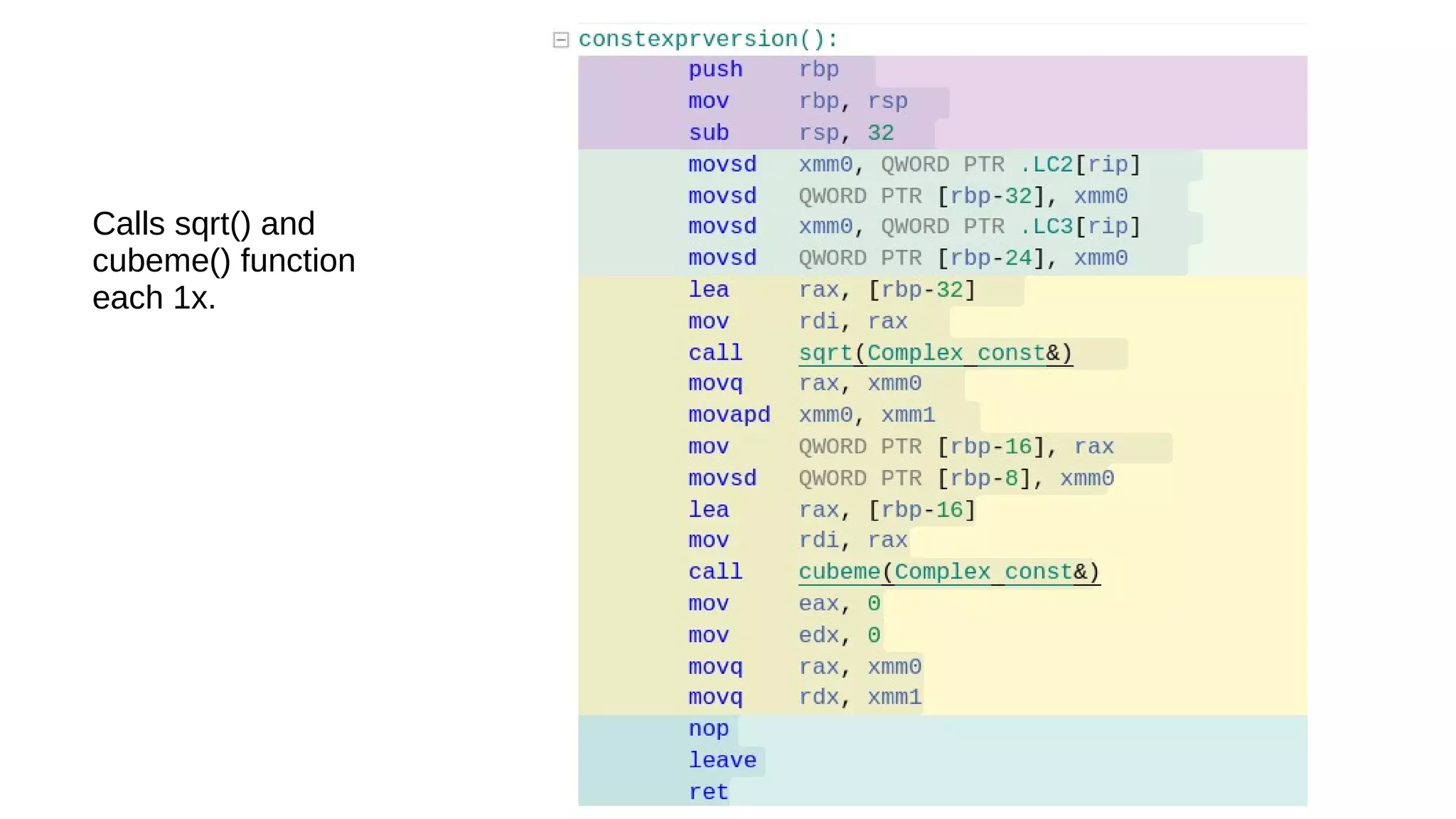 with constexpr
Calls sqrt() and
cubeme() function
each 1x.
 