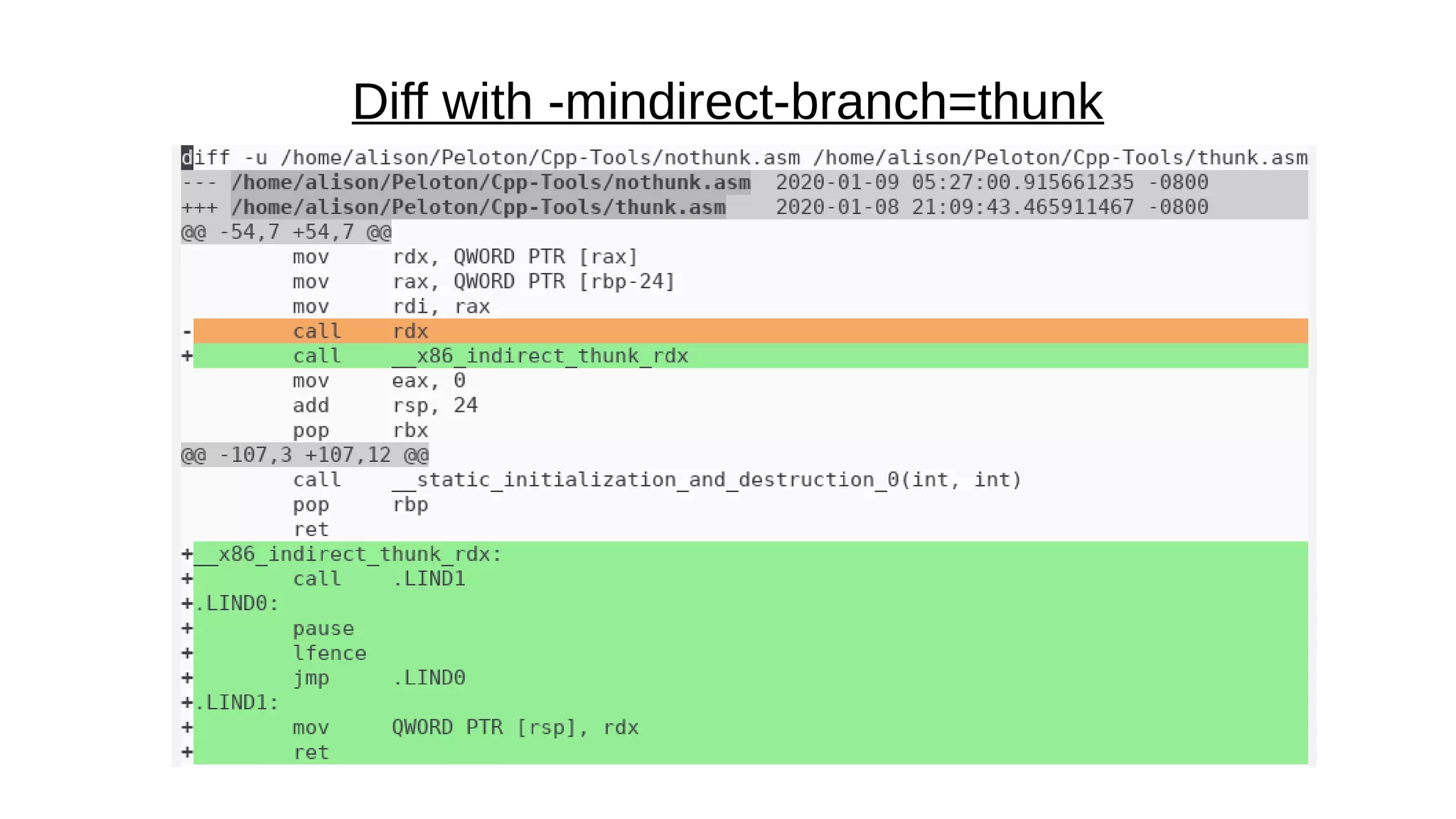 Diff with -mindirect-branch=thunk
 