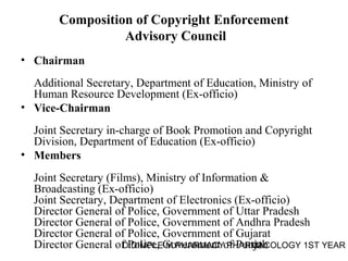 Composition of Copyright Enforcement 
Advisory Council 
• Chairman 
Additional Secretary, Department of Education, Ministry of 
Human Resource Development (Ex-officio) 
• Vice-Chairman 
Joint Secretary in-charge of Book Promotion and Copyright 
Division, Department of Education (Ex-officio) 
• Members 
Joint Secretary (Films), Ministry of Information & 
Broadcasting (Ex-officio) 
Joint Secretary, Department of Electronics (Ex-officio) 
Director General of Police, Government of Uttar Pradesh 
Director General of Police, Government of Andhra Pradesh 
Director General of Police, Government of Gujarat 
Director General of Police, Government of Punjab 
D.DIMPLE M.PHARMACY PHARM32ACOLOGY 1ST YEAR 
 