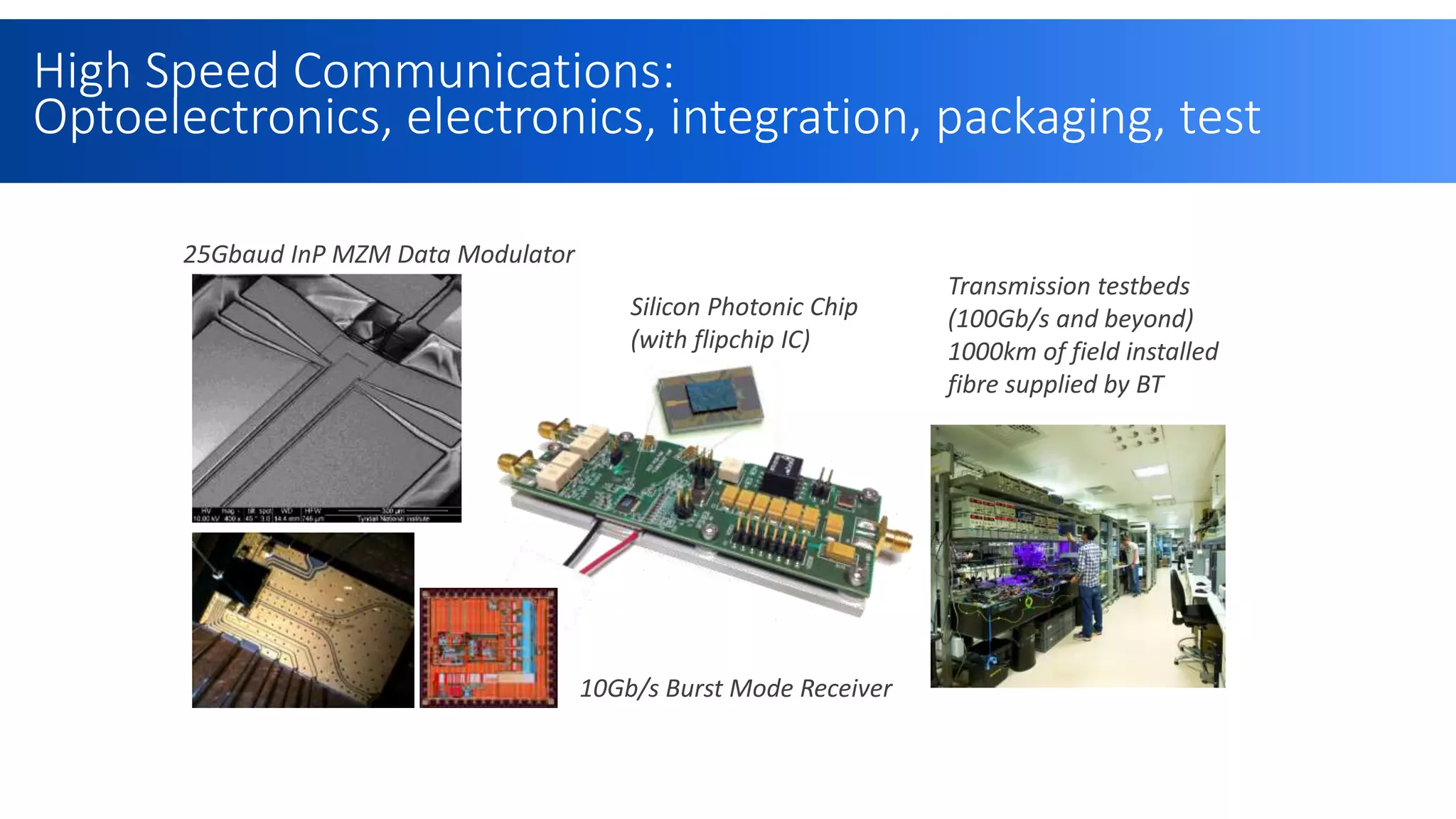 Silicon Photonic Chip
(with flipchip IC)
25Gbaud InP MZM Data Modulator
10Gb/s Burst Mode Receiver
Transmission testbeds
(100Gb/s and beyond)
1000km of field installed
fibre supplied by BT
High Speed Communications:
Optoelectronics, electronics, integration, packaging, test
 