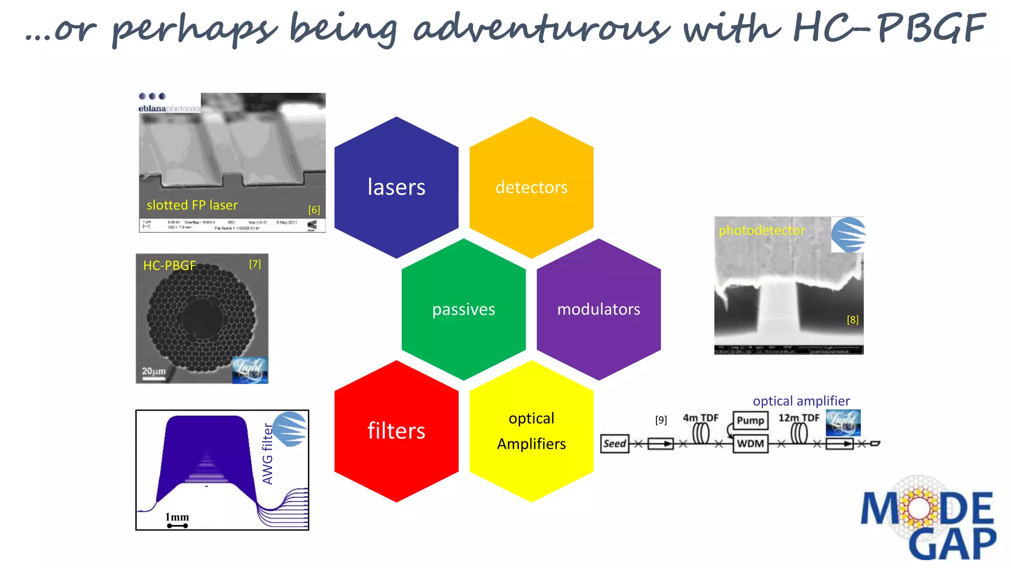 detectorslasers
passives modulators
optical
Amplifiers
filters
1mm
slotted FP laser
HC-PBGF AWGfilter
photodetector
optical amplifier
[6]
[7]
[8]
[9]
…or perhaps being adventurous with HC-PBGF
 