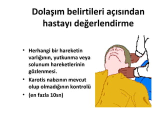 Dolaşım belirtileri açısından
hastayı değerlendirme
• Herhangi bir hareketin
varlığının, yutkunma veya
solunum hareketlerinin
gözlenmesi.
• Karotis nabzının mevcut
olup olmadığının kontrolü
• (en fazla 10sn)

 