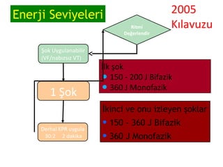 Enerji Seviyeleri
Ritmi
Değerlendir

Şok Uygulanabilir
(VF/nabızsız VT)

1 Şok

2005
Kılavuzu

İlk şok
• 150 - 200 J Bifazik
• 360 J Monofazik
İkinci ve onu izleyen şoklar

Derhal KPR uygula
30:2 2 dakika

• 150 - 360 J Bifazik
• 360 J Monofazik

 