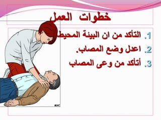 ‫خطوات‬‫العمل‬
.1‫امنة‬ ‫المحٌطة‬ ‫البٌئة‬ ‫ان‬ ‫من‬ ‫التأكد‬.
.2‫المصاب‬ ‫وضع‬ ‫اعدل‬.
.3‫المصاب‬ ‫وعى‬ ‫من‬ ‫أتأكد‬
 