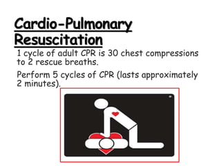 Cardio-Pulmonary
Resuscitation
1 cycle of adult CPR is 30 chest compressions
to 2 rescue breaths.
Perform 5 cycles of CPR (lasts approximately
2 minutes).
 