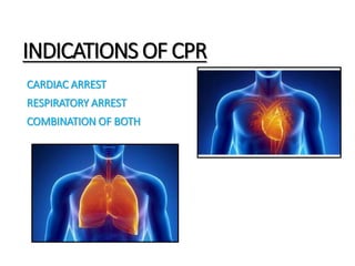 INDICATIONS OF CPR
CARDIAC ARREST
RESPIRATORY ARREST
COMBINATION OF BOTH
 