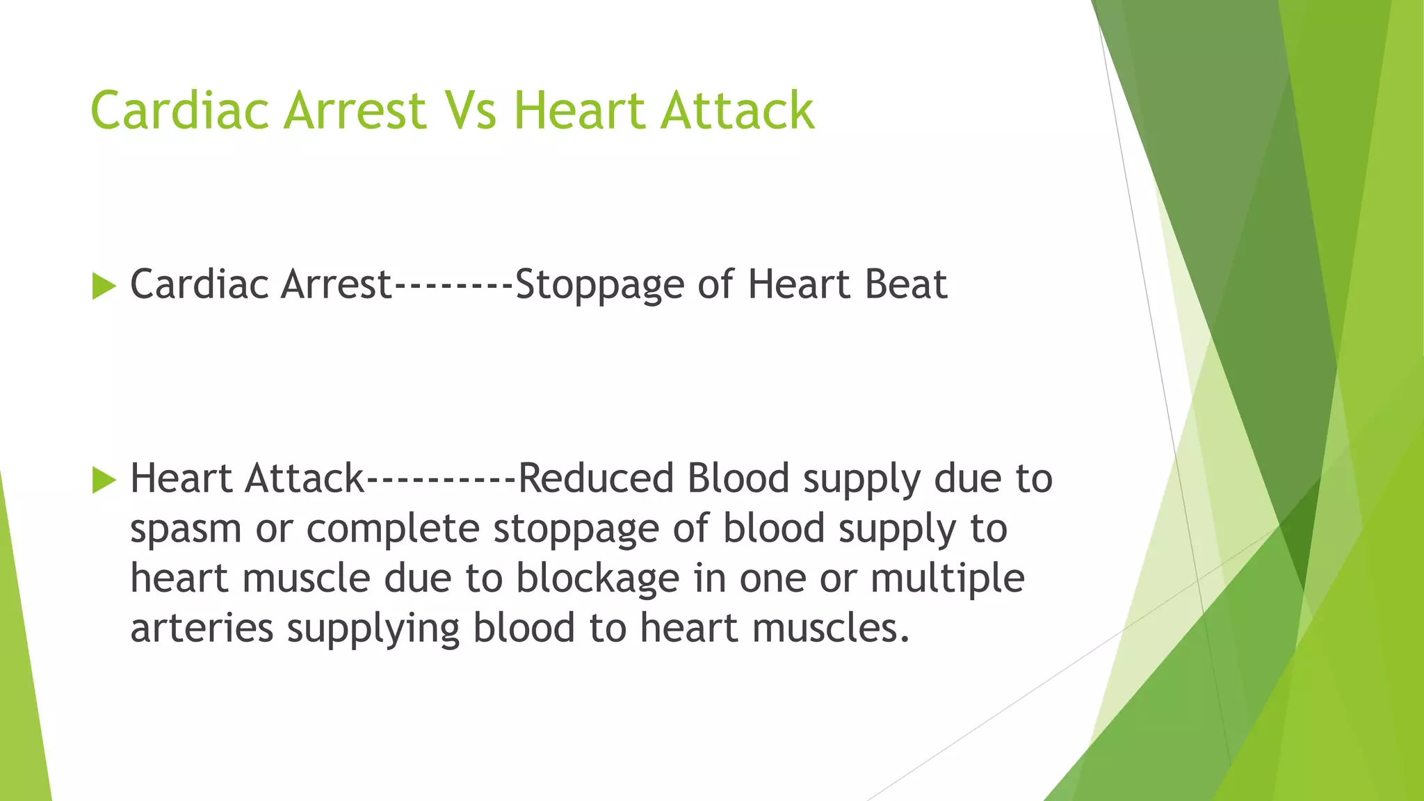 Cardiac Arrest Vs Heart Attack
 Cardiac Arrest--------Stoppage of Heart Beat
 Heart Attack----------Reduced Blood supply due to
spasm or complete stoppage of blood supply to
heart muscle due to blockage in one or multiple
arteries supplying blood to heart muscles.
 