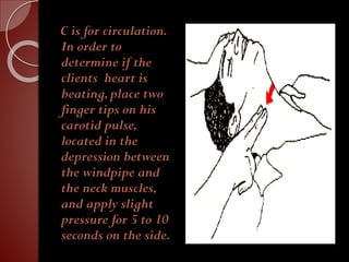 C is for circulation.
In order to
determine if the
clients heart is
beating,place two
finger tips on his
carotid pulse,
located in the
depression between
the windpipe and
the neck muscles,
and apply slight
pressure for 5 to 10
seconds on the side.
 