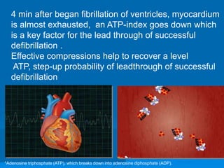 4 min after began fibrillation of ventricles, myocardium
is almost exhausted, an ATP-index goes down which
is a key factor for the lead through of successful
defibrillation .
Effective compressions help to recover a level
ATP, step-up probability of leadthrough of successful
defibrillation
*Adenosine triphosphate (ATP), which breaks down into adenosine diphosphate (ADP).
 