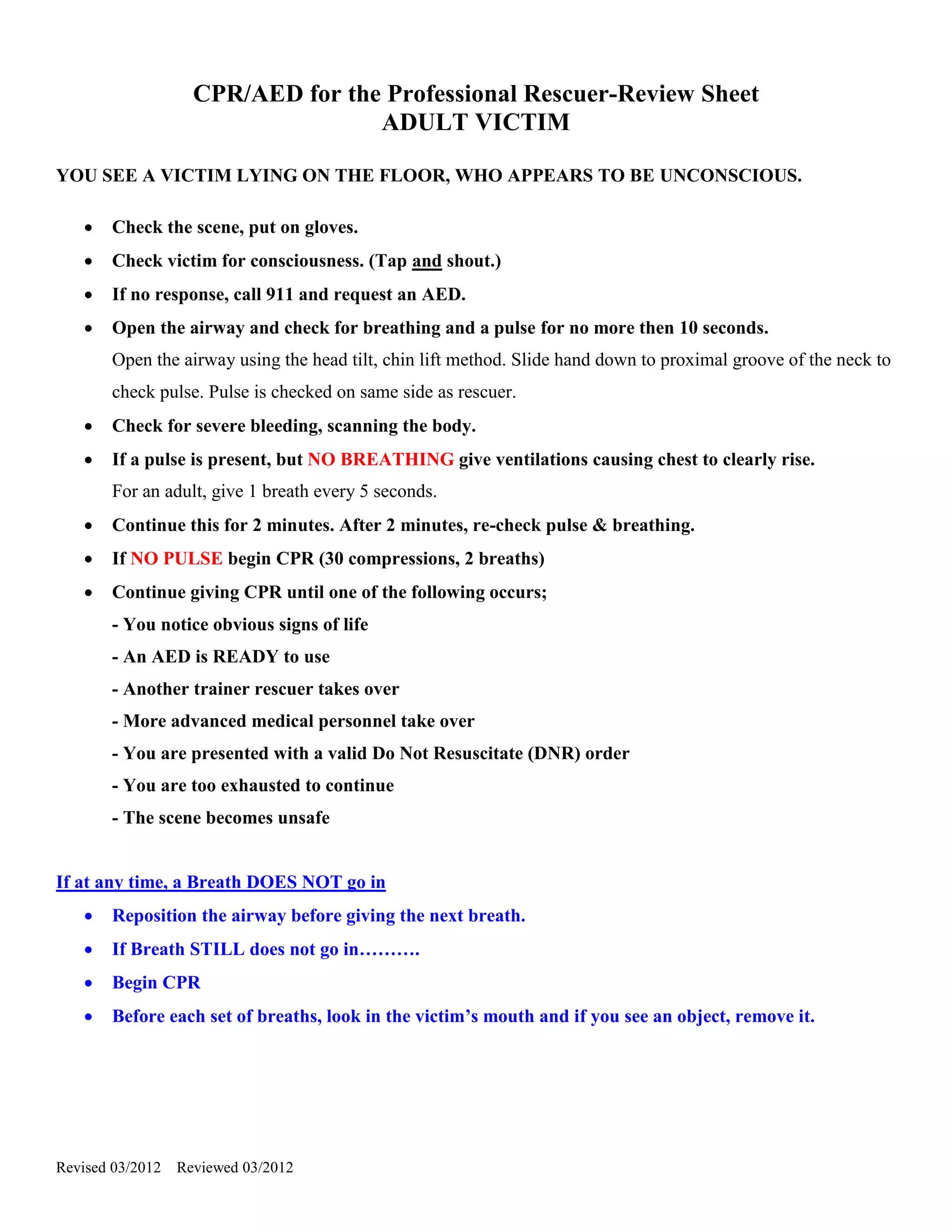 Cpr aed review sheet PDF