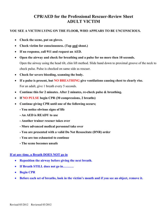 Cpr aed review sheet | PDF