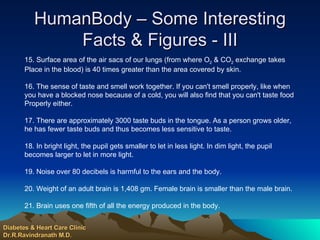 HumanBody – Some Interesting Facts & Figures - III 15. Surface area of the air sacs of our lungs (from where O 2  & CO 2  exchange takes Place in the blood) is 40 times greater than the area covered by skin. 16. The sense of taste and smell work together. If you can't smell properly, like when you have a blocked nose because of a cold, you will also find that you can't taste food Properly either. 17. There are approximately 3000 taste buds in the tongue. As a person grows older, he has fewer taste buds and thus becomes less sensitive to taste. 18. In bright light, the pupil gets smaller to let in less light. In dim light, the pupil becomes larger to let in more light. 19. Noise over 80 decibels is harmful to the ears and the body. 20. Weight of an adult brain is 1,408 gm. Female brain is smaller than the male brain. 21. Brain uses one fifth of all the energy produced in the body. Diabetes & Heart Care Clinic Dr.R.Ravindranath M.D. 