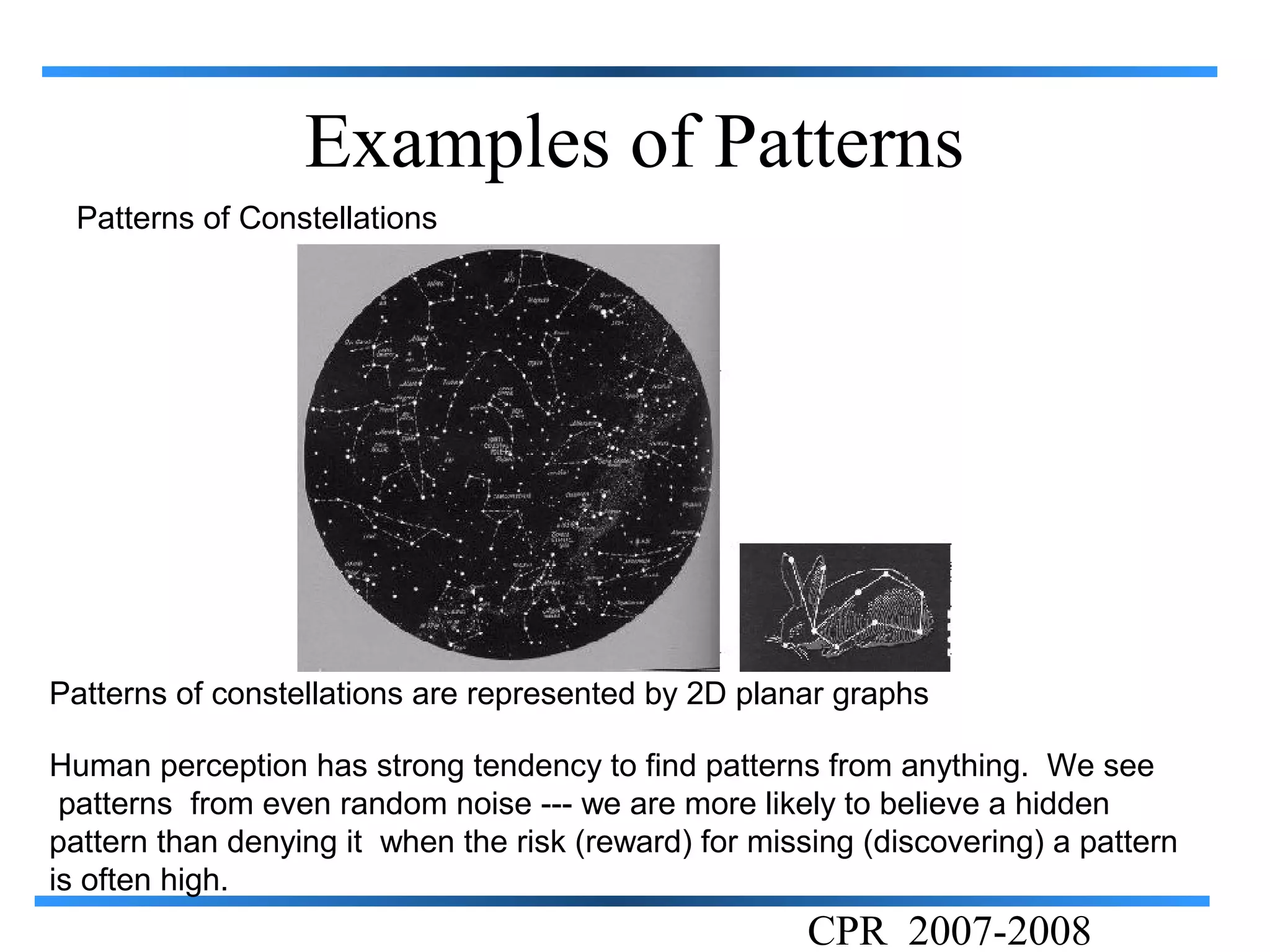 Examples of Patterns
 Patterns of Constellations




Patterns of constellations are represented by 2D planar graphs

Human perception has strong tendency to find patterns from anything. We see
 patterns from even random noise --- we are more likely to believe a hidden
pattern than denying it when the risk (reward) for missing (discovering) a pattern
is often high.
                                                       CPR 2007-2008
 