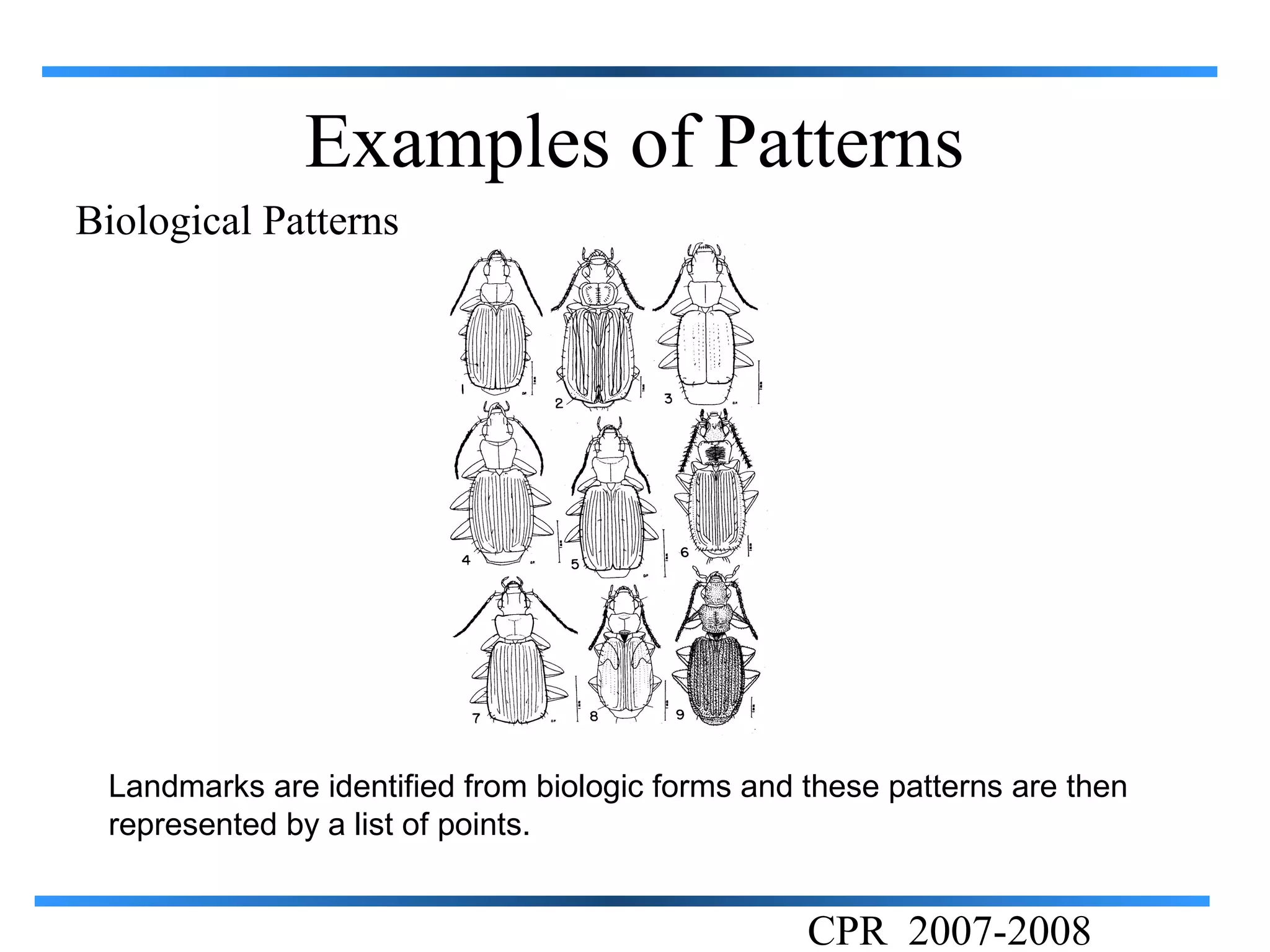 Examples of Patterns
Biological Patterns




 Landmarks are identified from biologic forms and these patterns are then
 represented by a list of points.


                                                  CPR 2007-2008
 