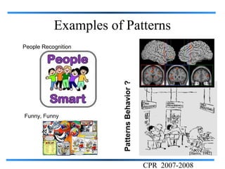 Examples of Patterns
People Recognition




                      Patterns Behavior ?
Funny, Funny




                                            CPR 2007-2008
 