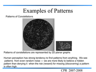 Examples of Patterns
 Patterns of Constellations




Patterns of constellations are represented by 2D planar graphs

Human perception has strong tendency to find patterns from anything. We see
 patterns from even random noise --- we are more likely to believe a hidden
pattern than denying it when the risk (reward) for missing (discovering) a pattern
is often high.
                                                       CPR 2007-2008
 