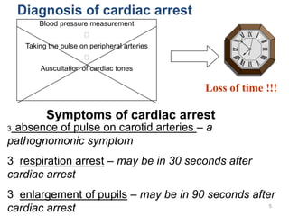 Diagnosis of cardiac arrest
Blood pressure measurement

Taking the pulse on peripheral arteries

Auscultation of cardiac...