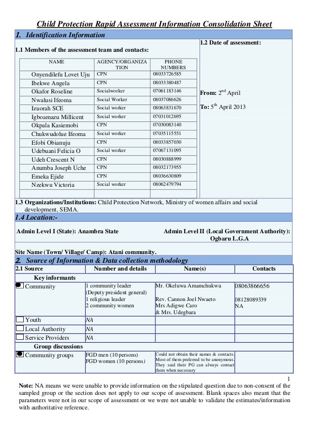 Child Protection Rapid Assessment Information Consolidation Sheet
