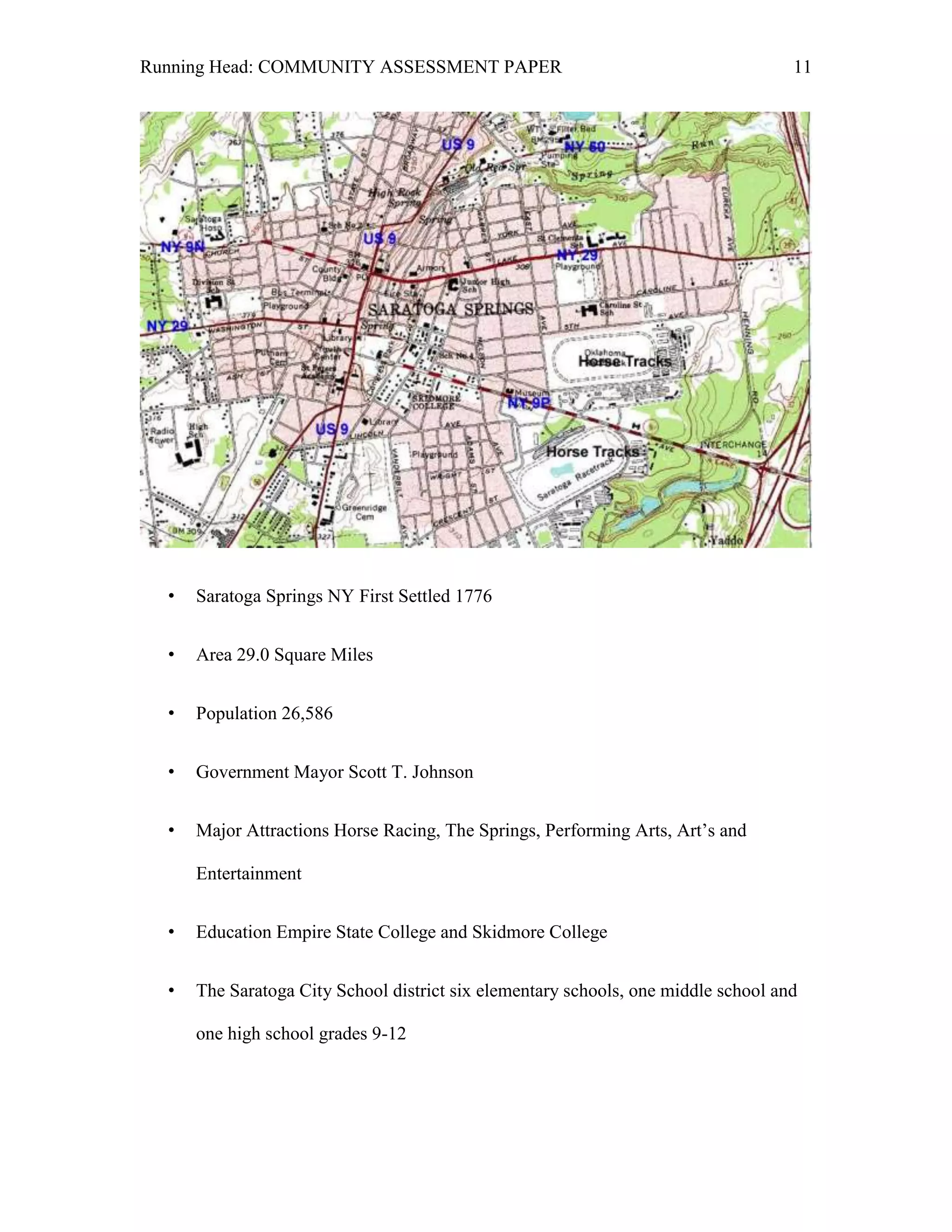 Running Head: COMMUNITY ASSESSMENT PAPER                                            11




  •   Saratoga Springs NY First Settled 1776


  •   Area 29.0 Square Miles


  •   Population 26,586


  •   Government Mayor Scott T. Johnson


  •   Major Attractions Horse Racing, The Springs, Performing Arts, Art’s and

      Entertainment


  •   Education Empire State College and Skidmore College


  •   The Saratoga City School district six elementary schools, one middle school and

      one high school grades 9-12
 