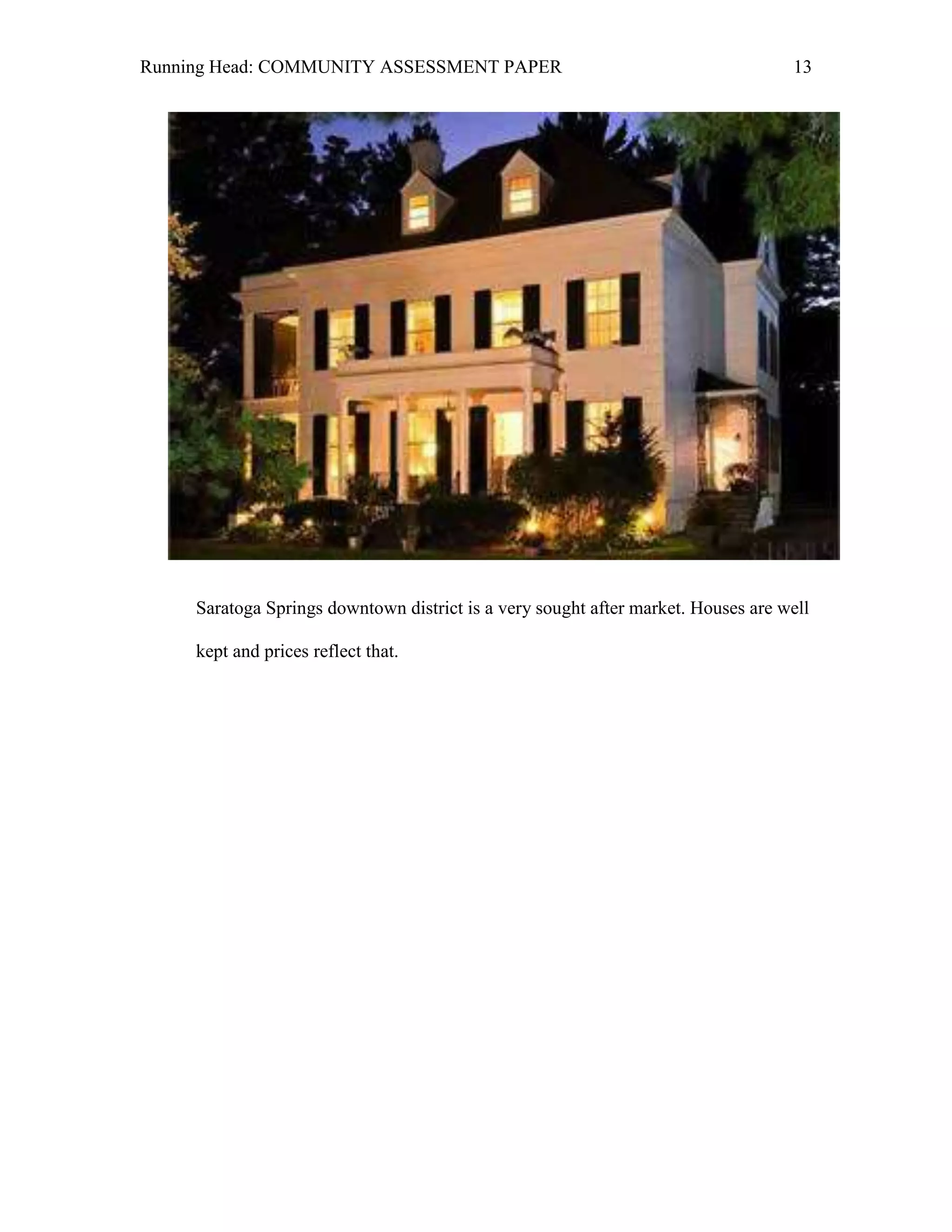 Running Head: COMMUNITY ASSESSMENT PAPER                                           13




     Saratoga Springs downtown district is a very sought after market. Houses are well

     kept and prices reflect that.
 