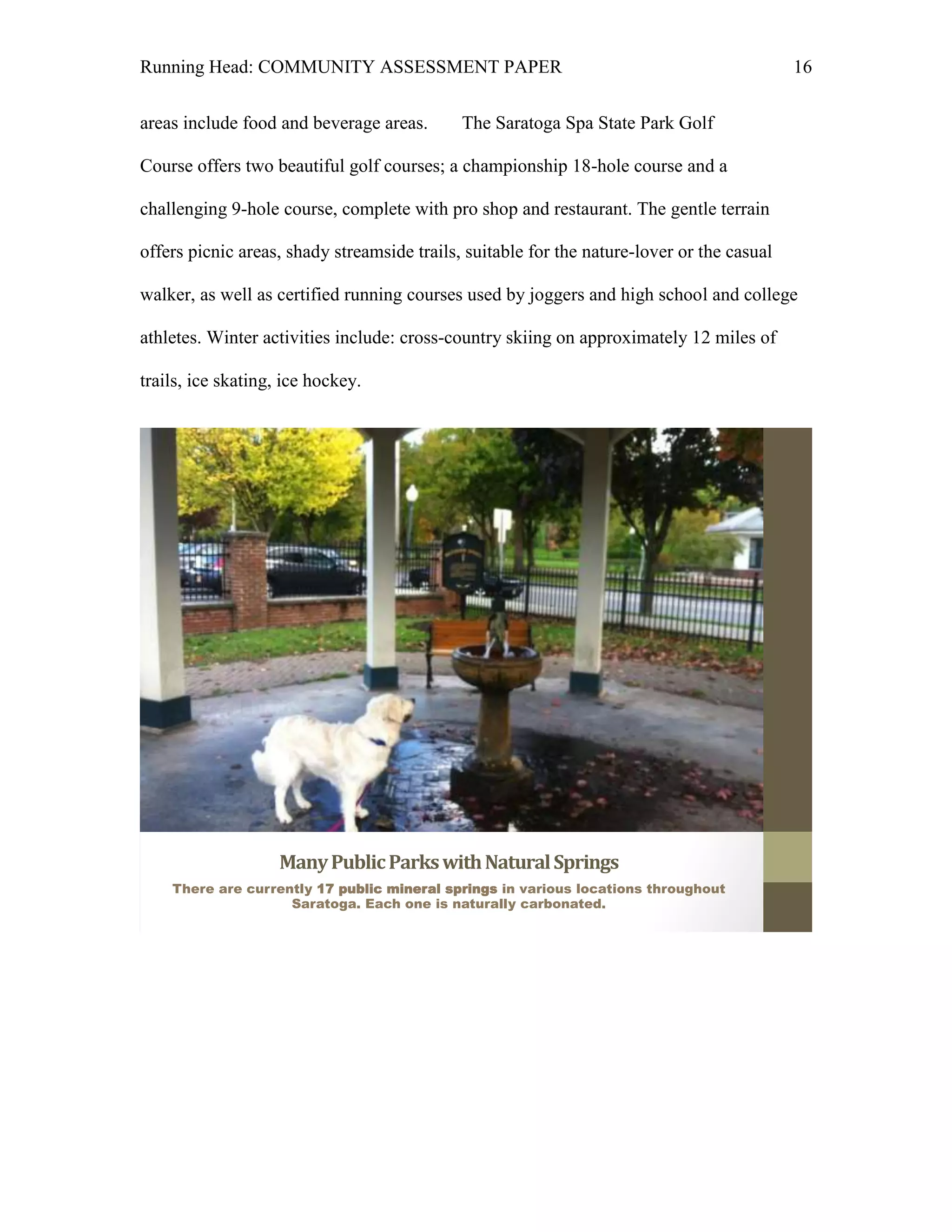 Running Head: COMMUNITY ASSESSMENT PAPER                                                    16


areas include food and beverage areas.     The Saratoga Spa State Park Golf

Course offers two beautiful golf courses; a championship 18-hole course and a

challenging 9-hole course, complete with pro shop and restaurant. The gentle terrain

offers picnic areas, shady streamside trails, suitable for the nature-lover or the casual

walker, as well as certified running courses used by joggers and high school and college

athletes. Winter activities include: cross-country skiing on approximately 12 miles of

trails, ice skating, ice hockey.




                    Many Public Parks with Natural Springs
    There are currently 17 public mineral springs in various locations throughout
                    Saratoga. Each one is naturally carbonated.
 