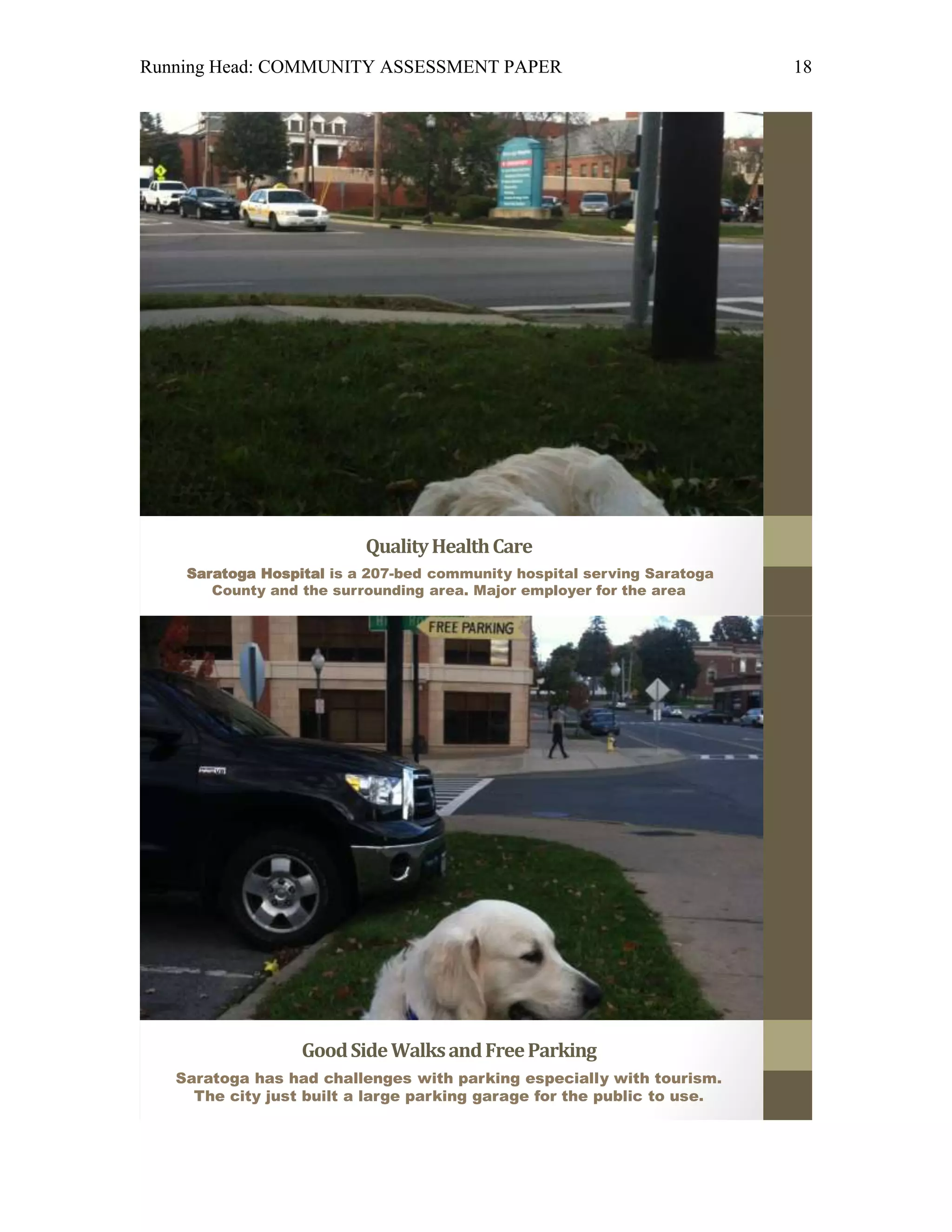 Running Head: COMMUNITY ASSESSMENT PAPER                                 18




                          Quality Health Care
    Saratoga Hospital is a 207-bed community hospital serving Saratoga
       County and the surrounding area. Major employer for the area




                  Good Side Walks and Free Parking
   Saratoga has had challenges with parking especially with tourism.
     The city just built a large parking garage for the public to use.
 