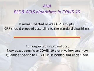 If non-suspected or -ve COVID 19 pts,
CPR should proceed according to the standard algorithms
For suspected or proved pts ,
New boxes specific to COVID-19 are in yellow, and new
guidance specific to COVID-19 is bolded and underlined.
AHA
BLS & ACLS algorithms in COVID 19
 