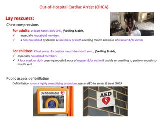 Out-of-Hospital Cardiac Arrest (OHCA)
Lay rescuers:
Chest compressions
For adults: at least hands-only CPR , if willing & able,
 especially household members
 a non-household bystander A face mask or cloth covering mouth and nose of rescuer &/or victim
For children: Chest comp. & consider mouth-to-mouth vent., if willing & able,
 especially household members
 A face mask or cloth covering mouth & nose of rescuer &/or victim if unable or unwilling to perform mouth-to-
mouth vent.
Public access defibrillation
Defibrillation is not a highly aerosolizing procedure, use an AED to assess & treat OHCA
 