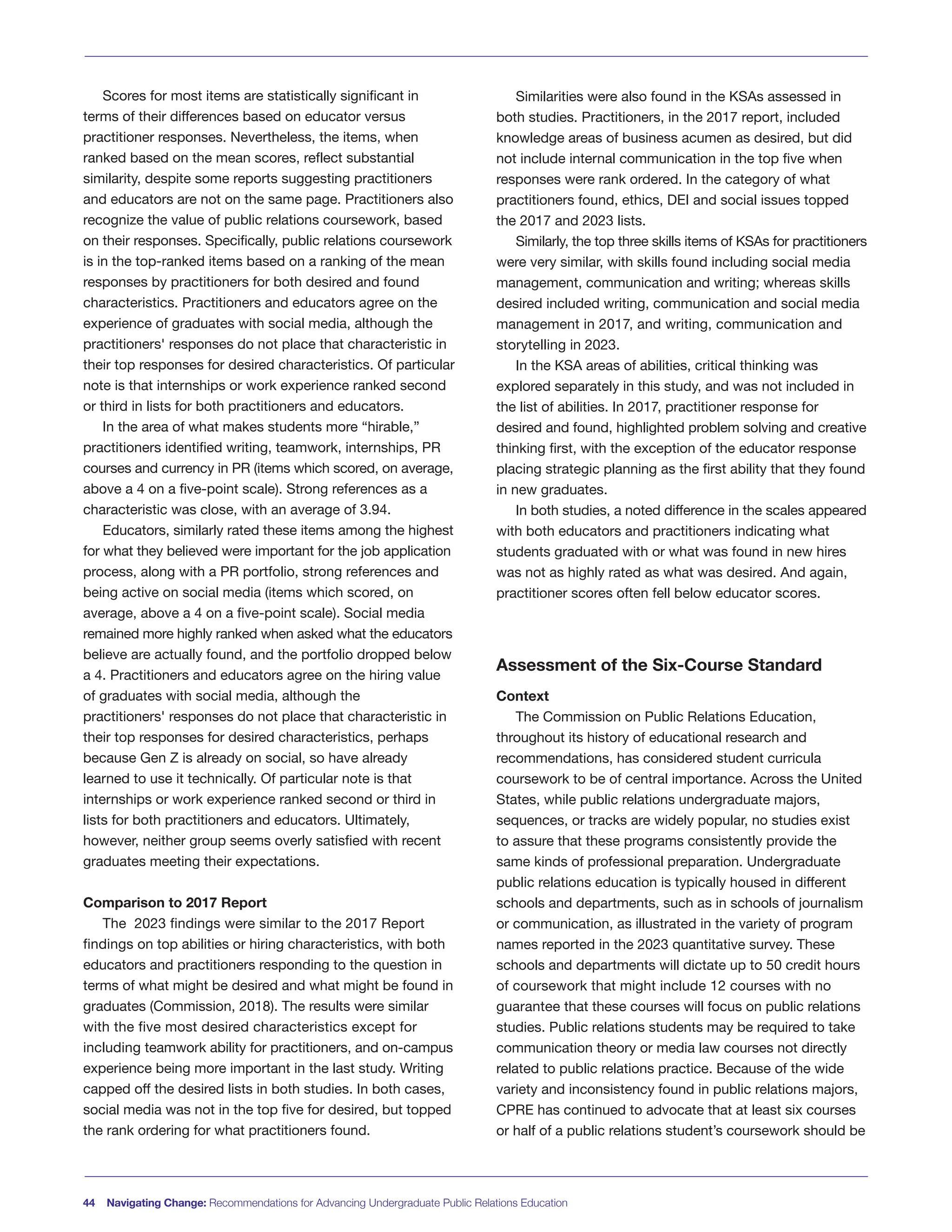 Scores for most items are statistically significant in
terms of their differences based on educator versus
practitioner responses. Nevertheless, the items, when
ranked based on the mean scores, reflect substantial
similarity, despite some reports suggesting practitioners
and educators are not on the same page. Practitioners also
recognize the value of public relations coursework, based
on their responses. Specifically, public relations coursework
is in the top-ranked items based on a ranking of the mean
responses by practitioners for both desired and found
characteristics. Practitioners and educators agree on the
experience of graduates with social media, although the
practitioners' responses do not place that characteristic in
their top responses for desired characteristics. Of particular
note is that internships or work experience ranked second
or third in lists for both practitioners and educators.
In the area of what makes students more “hirable,”
practitioners identified writing, teamwork, internships, PR
courses and currency in PR (items which scored, on average,
above a 4 on a five-point scale). Strong references as a
characteristic was close, with an average of 3.94.
Educators, similarly rated these items among the highest
for what they believed were important for the job application
process, along with a PR portfolio, strong references and
being active on social media (items which scored, on
average, above a 4 on a five-point scale). Social media
remained more highly ranked when asked what the educators
believe are actually found, and the portfolio dropped below
a 4. Practitioners and educators agree on the hiring value
of graduates with social media, although the
practitioners' responses do not place that characteristic in
their top responses for desired characteristics, perhaps
because Gen Z is already on social, so have already
learned to use it technically. Of particular note is that
internships or work experience ranked second or third in
lists for both practitioners and educators. Ultimately,
however, neither group seems overly satisfied with recent
graduates meeting their expectations.
Comparison to 2017 Report
The 2023 findings were similar to the 2017 Report
findings on top abilities or hiring characteristics, with both
educators and practitioners responding to the question in
terms of what might be desired and what might be found in
graduates (Commission, 2018). The results were similar
with the five most desired characteristics except for
including teamwork ability for practitioners, and on-campus
experience being more important in the last study. Writing
capped off the desired lists in both studies. In both cases,
social media was not in the top five for desired, but topped
the rank ordering for what practitioners found.
Similarities were also found in the KSAs assessed in
both studies. Practitioners, in the 2017 report, included
knowledge areas of business acumen as desired, but did
not include internal communication in the top five when
responses were rank ordered. In the category of what
practitioners found, ethics, DEI and social issues topped
the 2017 and 2023 lists.
Similarly, the top three skills items of KSAs for practitioners
were very similar, with skills found including social media
management, communication and writing; whereas skills
desired included writing, communication and social media
management in 2017, and writing, communication and
storytelling in 2023.
In the KSA areas of abilities, critical thinking was
explored separately in this study, and was not included in
the list of abilities. In 2017, practitioner response for
desired and found, highlighted problem solving and creative
thinking first, with the exception of the educator response
placing strategic planning as the first ability that they found
in new graduates.
In both studies, a noted difference in the scales appeared
with both educators and practitioners indicating what
students graduated with or what was found in new hires
was not as highly rated as what was desired. And again,
practitioner scores often fell below educator scores.
Assessment of the Six-Course Standard
Context
The Commission on Public Relations Education,
throughout its history of educational research and
recommendations, has considered student curricula
coursework to be of central importance. Across the United
States, while public relations undergraduate majors,
sequences, or tracks are widely popular, no studies exist
to assure that these programs consistently provide the
same kinds of professional preparation. Undergraduate
public relations education is typically housed in different
schools and departments, such as in schools of journalism
or communication, as illustrated in the variety of program
names reported in the 2023 quantitative survey. These
schools and departments will dictate up to 50 credit hours
of coursework that might include 12 courses with no
guarantee that these courses will focus on public relations
studies. Public relations students may be required to take
communication theory or media law courses not directly
related to public relations practice. Because of the wide
variety and inconsistency found in public relations majors,
CPRE has continued to advocate that at least six courses
or half of a public relations student’s coursework should be
44 Navigating Change: Recommendations for Advancing Undergraduate Public Relations Education
 