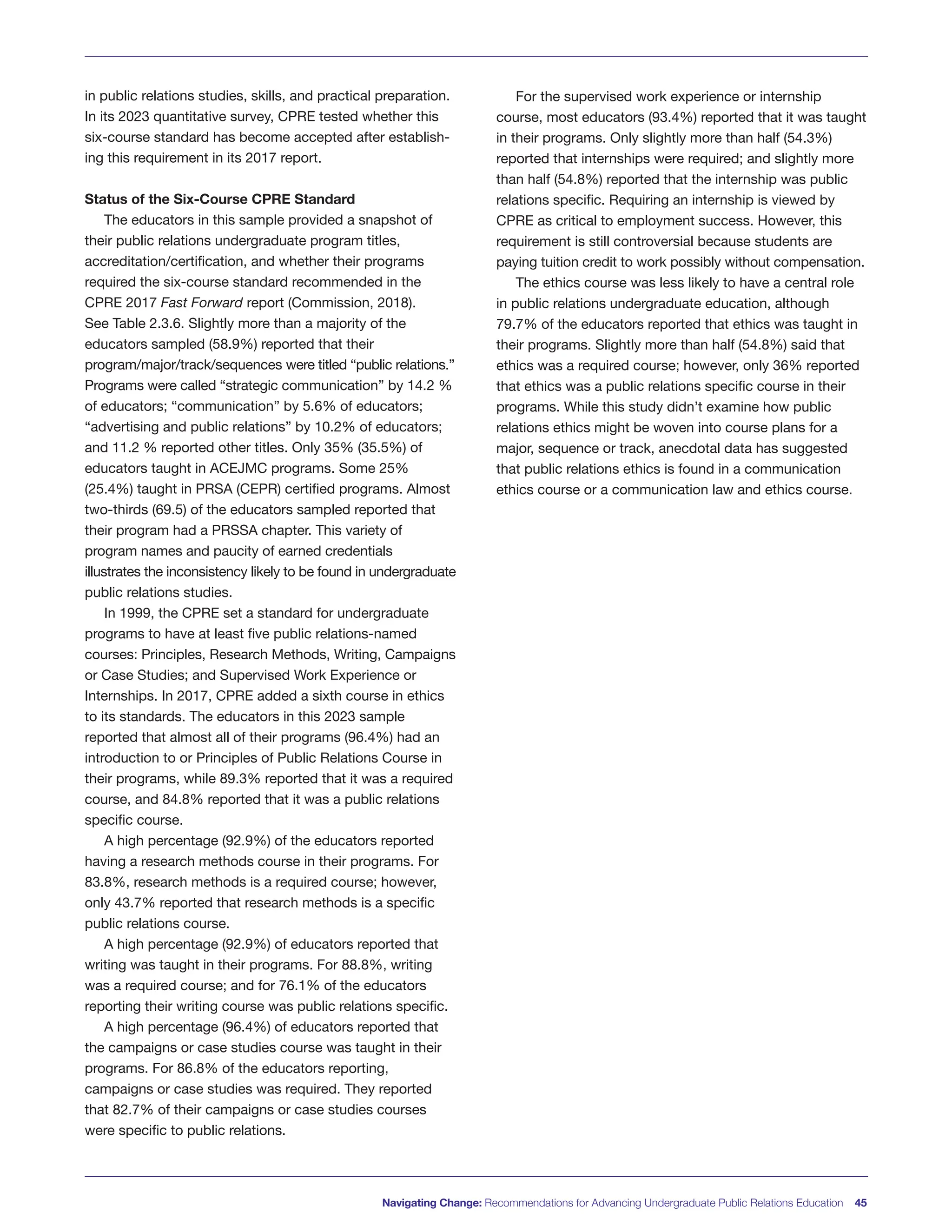 in public relations studies, skills, and practical preparation.
In its 2023 quantitative survey, CPRE tested whether this
six-course standard has become accepted after establish-
ing this requirement in its 2017 report.
Status of the Six-Course CPRE Standard
The educators in this sample provided a snapshot of
their public relations undergraduate program titles,
accreditation/certification, and whether their programs
required the six-course standard recommended in the
CPRE 2017 Fast Forward report (Commission, 2018).
See Table 2.3.6. Slightly more than a majority of the
educators sampled (58.9%) reported that their
program/major/track/sequences were titled “public relations.”
Programs were called “strategic communication” by 14.2 %
of educators; “communication” by 5.6% of educators;
“advertising and public relations” by 10.2% of educators;
and 11.2 % reported other titles. Only 35% (35.5%) of
educators taught in ACEJMC programs. Some 25%
(25.4%) taught in PRSA (CEPR) certified programs. Almost
two-thirds (69.5) of the educators sampled reported that
their program had a PRSSA chapter. This variety of
program names and paucity of earned credentials
illustrates the inconsistency likely to be found in undergraduate
public relations studies.
In 1999, the CPRE set a standard for undergraduate
programs to have at least five public relations-named
courses: Principles, Research Methods, Writing, Campaigns
or Case Studies; and Supervised Work Experience or
Internships. In 2017, CPRE added a sixth course in ethics
to its standards. The educators in this 2023 sample
reported that almost all of their programs (96.4%) had an
introduction to or Principles of Public Relations Course in
their programs, while 89.3% reported that it was a required
course, and 84.8% reported that it was a public relations
specific course.
A high percentage (92.9%) of the educators reported
having a research methods course in their programs. For
83.8%, research methods is a required course; however,
only 43.7% reported that research methods is a specific
public relations course.
A high percentage (92.9%) of educators reported that
writing was taught in their programs. For 88.8%, writing
was a required course; and for 76.1% of the educators
reporting their writing course was public relations specific.
A high percentage (96.4%) of educators reported that
the campaigns or case studies course was taught in their
programs. For 86.8% of the educators reporting,
campaigns or case studies was required. They reported
that 82.7% of their campaigns or case studies courses
were specific to public relations.
For the supervised work experience or internship
course, most educators (93.4%) reported that it was taught
in their programs. Only slightly more than half (54.3%)
reported that internships were required; and slightly more
than half (54.8%) reported that the internship was public
relations specific. Requiring an internship is viewed by
CPRE as critical to employment success. However, this
requirement is still controversial because students are
paying tuition credit to work possibly without compensation.
The ethics course was less likely to have a central role
in public relations undergraduate education, although
79.7% of the educators reported that ethics was taught in
their programs. Slightly more than half (54.8%) said that
ethics was a required course; however, only 36% reported
that ethics was a public relations specific course in their
programs. While this study didn’t examine how public
relations ethics might be woven into course plans for a
major, sequence or track, anecdotal data has suggested
that public relations ethics is found in a communication
ethics course or a communication law and ethics course.
Navigating Change: Recommendations for Advancing Undergraduate Public Relations Education 45
 