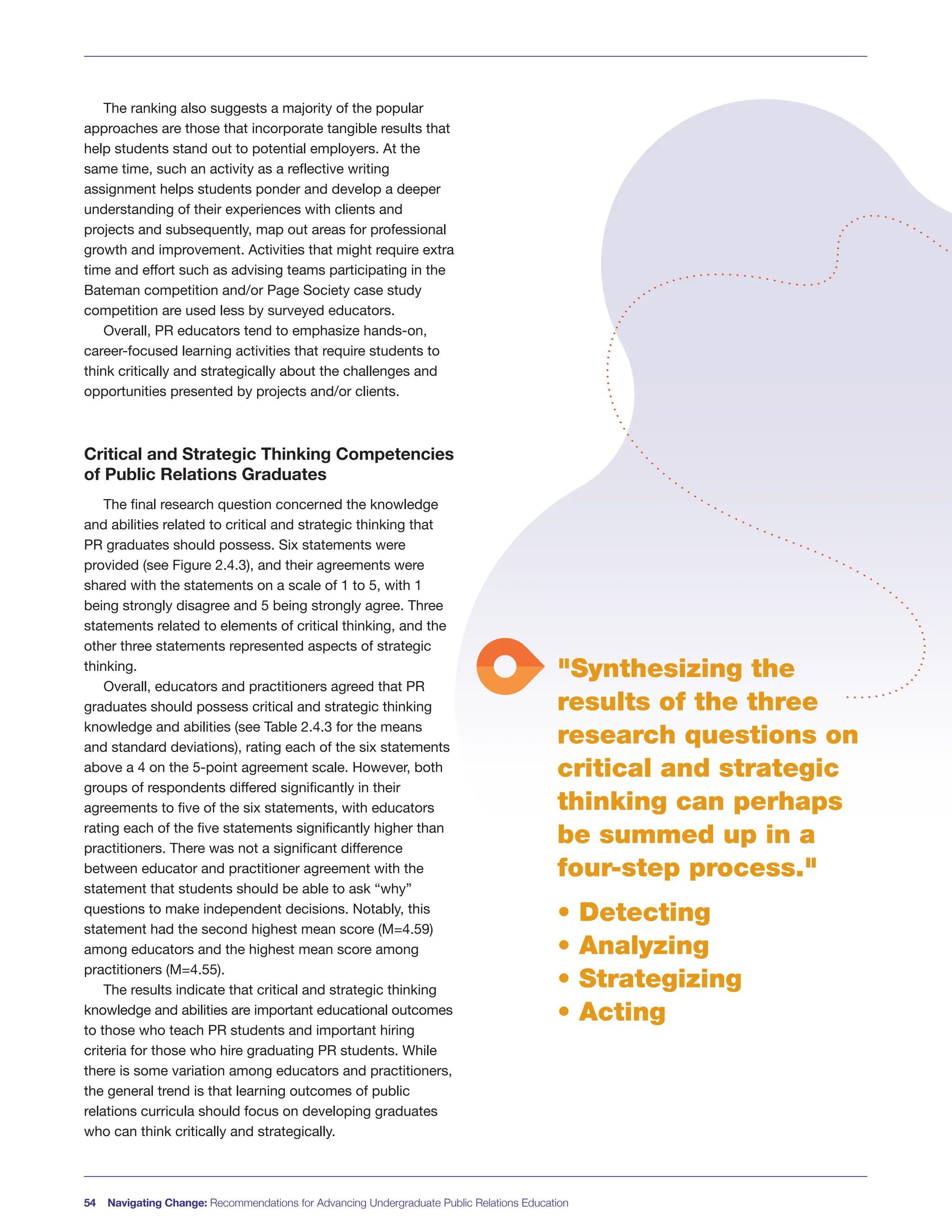 The ranking also suggests a majority of the popular
approaches are those that incorporate tangible results that
help students stand out to potential employers. At the
same time, such an activity as a reflective writing
assignment helps students ponder and develop a deeper
understanding of their experiences with clients and
projects and subsequently, map out areas for professional
growth and improvement. Activities that might require extra
time and effort such as advising teams participating in the
Bateman competition and/or Page Society case study
competition are used less by surveyed educators.
Overall, PR educators tend to emphasize hands-on,
career-focused learning activities that require students to
think critically and strategically about the challenges and
opportunities presented by projects and/or clients.
Critical and Strategic Thinking Competencies
of Public Relations Graduates
The final research question concerned the knowledge
and abilities related to critical and strategic thinking that
PR graduates should possess. Six statements were
provided (see Figure 2.4.3), and their agreements were
shared with the statements on a scale of 1 to 5, with 1
being strongly disagree and 5 being strongly agree. Three
statements related to elements of critical thinking, and the
other three statements represented aspects of strategic
thinking.
Overall, educators and practitioners agreed that PR
graduates should possess critical and strategic thinking
knowledge and abilities (see Table 2.4.3 for the means
and standard deviations), rating each of the six statements
above a 4 on the 5-point agreement scale. However, both
groups of respondents differed significantly in their
agreements to five of the six statements, with educators
rating each of the five statements significantly higher than
practitioners. There was not a significant difference
between educator and practitioner agreement with the
statement that students should be able to ask “why”
questions to make independent decisions. Notably, this
statement had the second highest mean score (M=4.59)
among educators and the highest mean score among
practitioners (M=4.55).
The results indicate that critical and strategic thinking
knowledge and abilities are important educational outcomes
to those who teach PR students and important hiring
criteria for those who hire graduating PR students. While
there is some variation among educators and practitioners,
the general trend is that learning outcomes of public
relations curricula should focus on developing graduates
who can think critically and strategically.
54 Navigating Change: Recommendations for Advancing Undergraduate Public Relations Education
"Synthesizing the
results of the three
research questions on
critical and strategic
thinking can perhaps
be summed up in a
four-step process."
• Detecting
• Analyzing
• Strategizing
• Acting
 