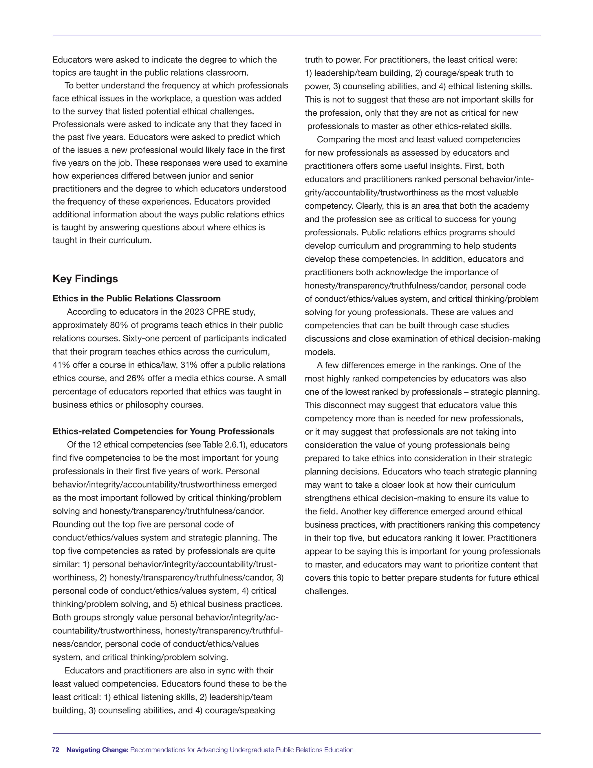 Educators were asked to indicate the degree to which the
topics are taught in the public relations classroom.
To better understand the frequency at which professionals
face ethical issues in the workplace, a question was added
to the survey that listed potential ethical challenges.
Professionals were asked to indicate any that they faced in
the past five years. Educators were asked to predict which
of the issues a new professional would likely face in the first
five years on the job. These responses were used to examine
how experiences differed between junior and senior
practitioners and the degree to which educators understood
the frequency of these experiences. Educators provided
additional information about the ways public relations ethics
is taught by answering questions about where ethics is
taught in their curriculum.
Key Findings
Ethics in the Public Relations Classroom
According to educators in the 2023 CPRE study,
approximately 80% of programs teach ethics in their public
relations courses. Sixty-one percent of participants indicated
that their program teaches ethics across the curriculum,
41% offer a course in ethics/law, 31% offer a public relations
ethics course, and 26% offer a media ethics course. A small
percentage of educators reported that ethics was taught in
business ethics or philosophy courses.
Ethics-related Competencies for Young Professionals
Of the 12 ethical competencies (see Table 2.6.1), educators
find five competencies to be the most important for young
professionals in their first five years of work. Personal
behavior/integrity/accountability/trustworthiness emerged
as the most important followed by critical thinking/problem
solving and honesty/transparency/truthfulness/candor.
Rounding out the top five are personal code of
conduct/ethics/values system and strategic planning. The
top five competencies as rated by professionals are quite
similar: 1) personal behavior/integrity/accountability/trust-
worthiness, 2) honesty/transparency/truthfulness/candor, 3)
personal code of conduct/ethics/values system, 4) critical
thinking/problem solving, and 5) ethical business practices.
Both groups strongly value personal behavior/integrity/ac-
countability/trustworthiness, honesty/transparency/truthful-
ness/candor, personal code of conduct/ethics/values
system, and critical thinking/problem solving.
Educators and practitioners are also in sync with their
least valued competencies. Educators found these to be the
least critical: 1) ethical listening skills, 2) leadership/team
building, 3) counseling abilities, and 4) courage/speaking
truth to power. For practitioners, the least critical were:
1) leadership/team building, 2) courage/speak truth to
power, 3) counseling abilities, and 4) ethical listening skills.
This is not to suggest that these are not important skills for
the profession, only that they are not as critical for new
professionals to master as other ethics-related skills.
Comparing the most and least valued competencies
for new professionals as assessed by educators and
practitioners offers some useful insights. First, both
educators and practitioners ranked personal behavior/inte-
grity/accountability/trustworthiness as the most valuable
competency. Clearly, this is an area that both the academy
and the profession see as critical to success for young
professionals. Public relations ethics programs should
develop curriculum and programming to help students
develop these competencies. In addition, educators and
practitioners both acknowledge the importance of
honesty/transparency/truthfulness/candor, personal code
of conduct/ethics/values system, and critical thinking/problem
solving for young professionals. These are values and
competencies that can be built through case studies
discussions and close examination of ethical decision-making
models.
A few differences emerge in the rankings. One of the
most highly ranked competencies by educators was also
one of the lowest ranked by professionals – strategic planning.
This disconnect may suggest that educators value this
competency more than is needed for new professionals,
or it may suggest that professionals are not taking into
consideration the value of young professionals being
prepared to take ethics into consideration in their strategic
planning decisions. Educators who teach strategic planning
may want to take a closer look at how their curriculum
strengthens ethical decision-making to ensure its value to
the field. Another key difference emerged around ethical
business practices, with practitioners ranking this competency
in their top five, but educators ranking it lower. Practitioners
appear to be saying this is important for young professionals
to master, and educators may want to prioritize content that
covers this topic to better prepare students for future ethical
challenges.
72 Navigating Change: Recommendations for Advancing Undergraduate Public Relations Education
 
