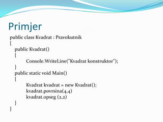 Primjer
public class Kvadrat : Pravokutnik
{
  public Kvadrat()
  {
        Console.WriteLine("Kvadrat konstruktor");
  }
  public static void Main()
  {
        Kvadrat kvadrat = new Kvadrat();
        kvadrat.povrsina(4,4)
        kvadrat.opseg (2,2)
  }
}
 