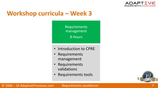 Requirements
management
8 Hours
• Introduction to CPRE
• Requirements
management
• Requirements
validations
• Requirements tools
Workshop curricula – Week 3
© 2006 – 16 AdaptiveProcesses.com Requirements excellence! 7
 