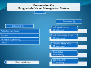 Presentation On
Bangladesh Cricket Management System
Antik Rezwan Hasan
Lecturer
Faculty of Engineering.
UODA
Md.Sohel Sarker
ID: 011121010
Md. Nurshadul Islam
ID: 011121002
Farzana Akter Nitu
ID: 011121007
Rina Akter
ID:011121047
Tanjiya Zahir
ID: 011121050
Submitted To:
Presented By
Date: 16-08-2015
 