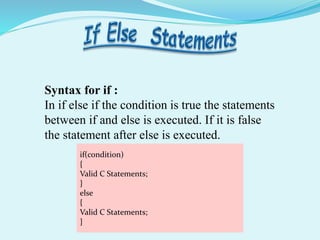 if(condition)
{
Valid C Statements;
}
else
{
Valid C Statements;
}
Syntax for if :
In if else if the condition is true the statements
between if and else is executed. If it is false
the statement after else is executed.
 