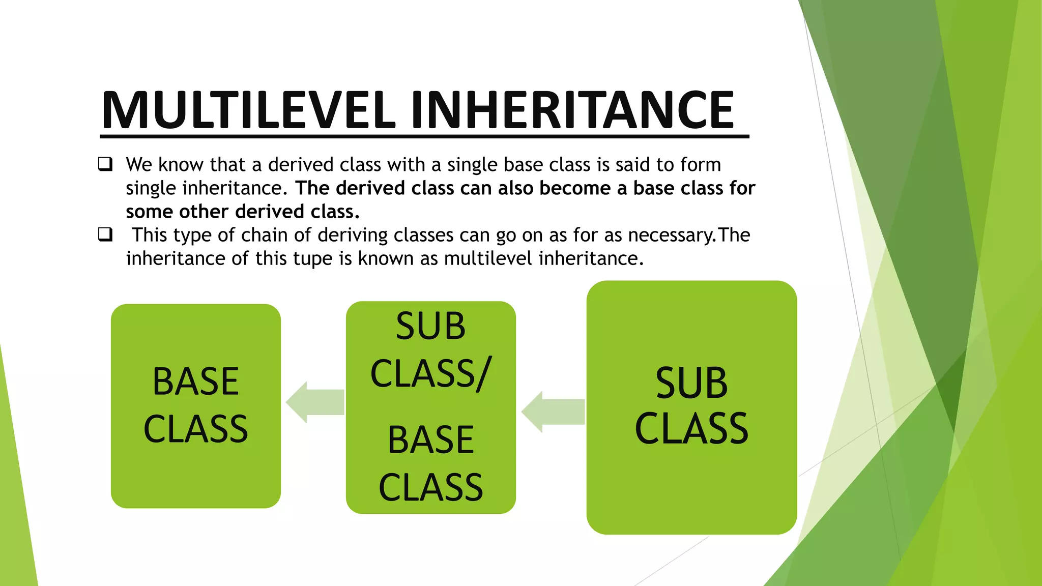 MULTILEVEL INHERITANCE
BASE
CLASS
SUB
CLASS/
BASE
CLASS
SUB
CLASS
 We know that a derived class with a single base class is said to form
single inheritance. The derived class can also become a base class for
some other derived class.
 This type of chain of deriving classes can go on as for as necessary.The
inheritance of this tupe is known as multilevel inheritance.
 