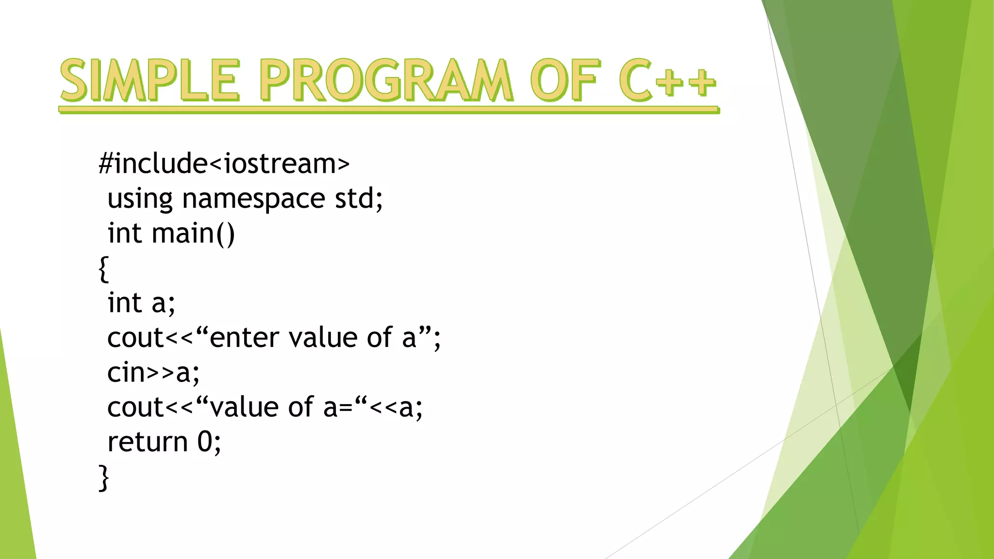 #include<iostream>
using namespace std;
int main()
{
int a;
cout<<“enter value of a”;
cin>>a;
cout<<“value of a=“<<a;
return 0;
}
 