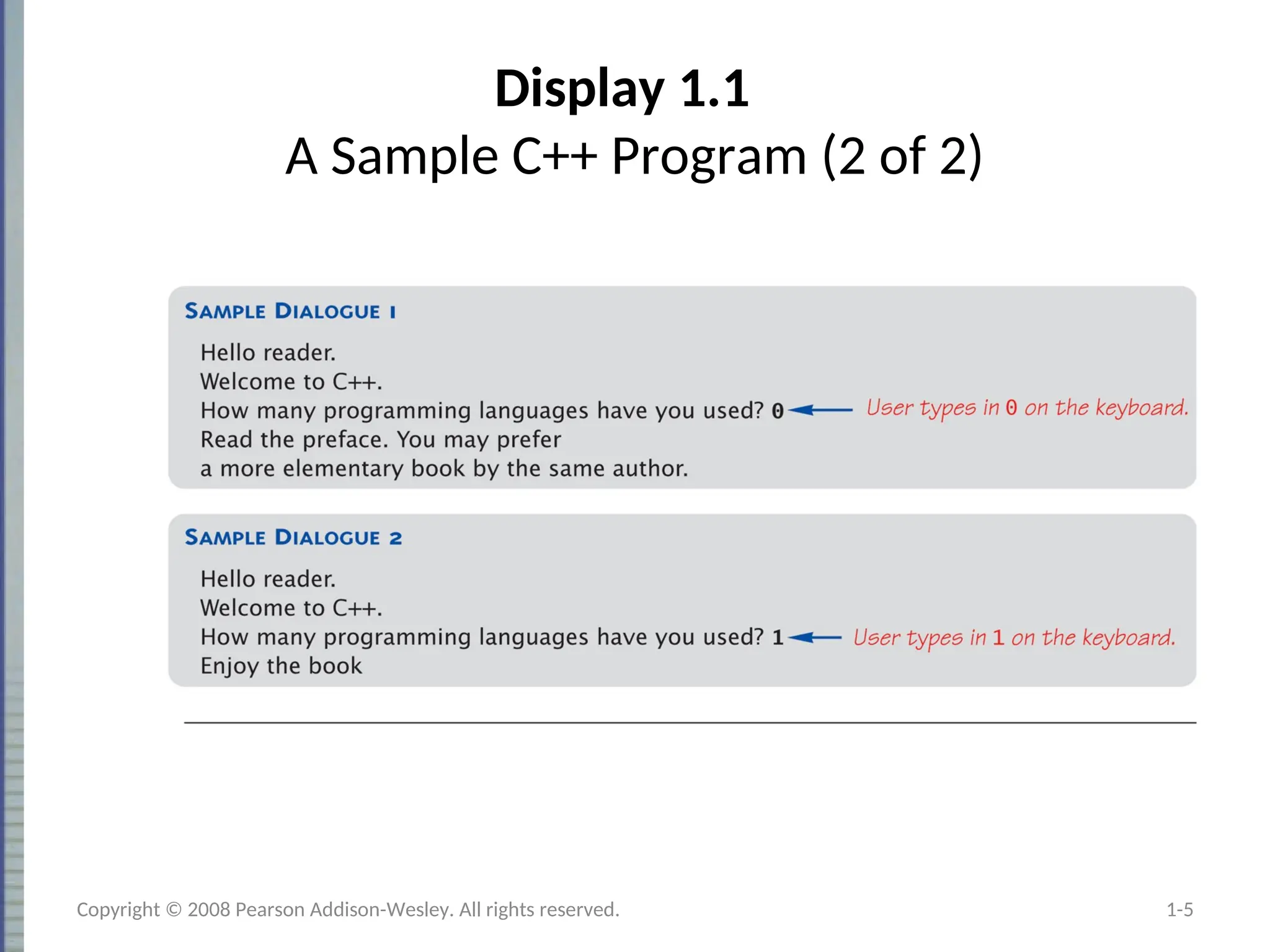 Display 1.1
A Sample C++ Program (2 of 2)
1-5
Copyright © 2008 Pearson Addison-Wesley. All rights reserved.
 