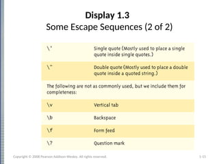 Display 1.3
Some Escape Sequences (2 of 2)
1-15
Copyright © 2008 Pearson Addison-Wesley. All rights reserved.
 