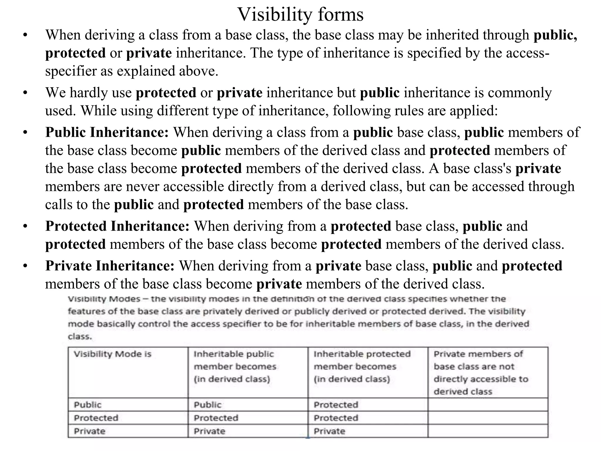 Visibility forms
• When deriving a class from a base class, the base class may be inherited through public,
protected or private inheritance. The type of inheritance is specified by the access-
specifier as explained above.
• We hardly use protected or private inheritance but public inheritance is commonly
used. While using different type of inheritance, following rules are applied:
• Public Inheritance: When deriving a class from a public base class, public members of
the base class become public members of the derived class and protected members of
the base class become protected members of the derived class. A base class's private
members are never accessible directly from a derived class, but can be accessed through
calls to the public and protected members of the base class.
• Protected Inheritance: When deriving from a protected base class, public and
protected members of the base class become protected members of the derived class.
• Private Inheritance: When deriving from a private base class, public and protected
members of the base class become private members of the derived class.
 