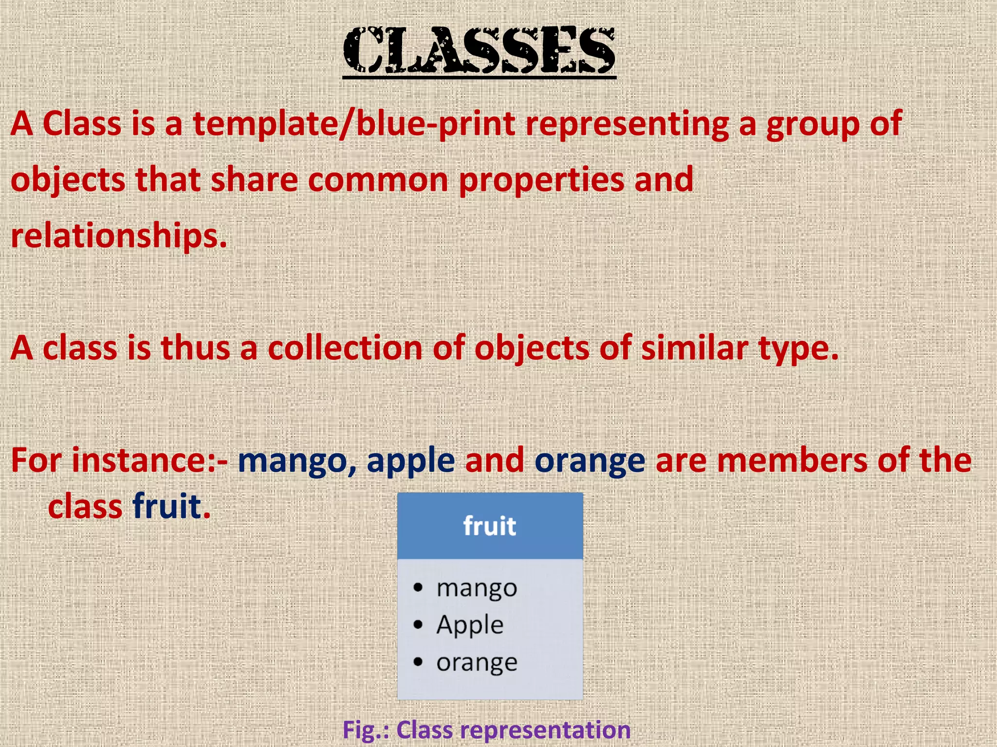 CLASSES
A Class is a template/blue-print representing a group of
objects that share common properties and
relationships.
A class is thus a collection of objects of similar type.
For instance:- mango, apple and orange are members of the
class fruit.

Fig.: Class representation

 