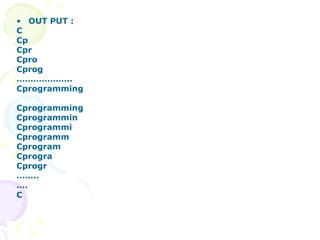 OUT PUT : C Cp Cpr Cpro Cprog ……………… .. Cprogramming Cprogramming Cprogrammin Cprogrammi Cprogramm Cprogram Cprogra Cprogr …… .. … . C  