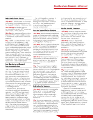eccguidelines.heart.org	 13
IV Access Preferred Over IO
2020 (New): It is reasonable for providers
to first attempt establishing IV access
for drug administration in cardiac arrest.
2020 (Updated): IO access may be
considered if attempts at IV access are
unsuccessful or not feasible.
2010 (Old): It is reasonable for providers
to establish intraosseous (IO) access
if intravenous (IV) access is not readily
available.
Why: A 2020 ILCOR systematic review
comparing IV versus IO (principally
pretibial placement) drug administra-
tion during cardiac arrest found that
the IV route was associated with better
clinical outcomes in 5 retrospective
studies; subgroup analyses of RCTs
that focused on other clinical questions
found comparable outcomes when IV
or IO were used for drug administration.
Although IV access is preferred, for
situations in which IV access is difficult,
IO access is a reasonable option.
Post–Cardiac Arrest Care and
Neuroprognostication
The 2020 Guidelines contain signifi-
cant new clinical data about optimal
care in the days after cardiac arrest.
Recommendations from the 2015
AHA Guidelines Update for CPR and
ECC about treatment of hypotension,
titrating oxygen to avoid both hypoxia
and hyperoxia, detection and treatment
of seizures, and targeted temperature
management were reaffirmed with new
supporting evidence.
In some cases, the LOE was
upgraded to reflect the availability of
new data from RCTs and high-quality
observational studies, and the post–
cardiac arrest care algorithm has
been updated to emphasize these
important components of care. To be
reliable, neuroprognostication should
be performed no sooner than 72
hours after return to normothermia,
and prognostic decisions should be
based on multiple modes of patient
assessment.
The 2020 Guidelines evaluate 19
different modalities and specific
findings and present the evidence
for each. A new diagram presents
this multimodal approach to
neuroprognostication.
Care and Support During Recovery
2020 (New): We recommend that cardiac
arrest survivors have multimodal reha-
bilitation assessment and treatment for
physical, neurologic, cardiopulmonary,
and cognitive impairments before
discharge from the hospital.
2020 (New): We recommend that cardiac
arrest survivors and their caregivers
receive comprehensive, multidisci-
plinary discharge planning, to include
medical and rehabilitative treatment
recommendations and return to
activity/work expectations.
2020 (New): We recommend structured
assessment for anxiety, depression,
posttraumatic stress, and fatigue for
cardiac arrest survivors and their
caregivers.
Why: The process of recovering from
cardiac arrest extends long after the
initial hospitalization. Support is needed
during recovery to ensure optimal
physical, cognitive, and emotional
well-being and return to social/role
functioning. This process should be
initiated during the initial hospitalization
and continue as long as needed. These
themes are explored in greater detail in
a 2020 AHA scientific statement.6
Debriefings for Rescuers
2020 (New): Debriefings and referral for
follow up for emotional support for
lay rescuers, EMS providers, and
hospital-based healthcare workers
after a cardiac arrest event may be
beneficial.
Why: Rescuers may experience anxiety
or posttraumatic stress about providing
or not providing BLS. Hospital-based
care providers may also experience
emotional or psychological effects of
caring for a patient with cardiac arrest.
Team debriefings may allow a review of
team performance (education, quality
improvement) as well as recognition of
the natural stressors associated with
caring for a patient near death. An AHA
scientific statement devoted to this
topic is expected in early 2021.
Cardiac Arrest in Pregnancy
2020 (New): Because pregnant patients
are more prone to hypoxia, oxygenation
and airway management should be
prioritized during resuscitation from
cardiac arrest in pregnancy.
2020 (New): Because of potential
interference with maternal resusci-
tation, fetal monitoring should not be
undertaken during cardiac arrest in
pregnancy.
2020 (New): We recommend targeted
temperature management for pregnant
women who remain comatose after
resuscitation from cardiac arrest.
2020 (New): During targeted tempera-
ture management of the pregnant
patient, it is recommended that the
fetus be continuously monitored for
bradycardia as a potential complication,
and obstetric and neonatal consultation
should be sought.
Why: Recommendations for manag-
ing cardiac arrest in pregnancy were
reviewed in the 2015 Guidelines Update
and a 2015 AHA scientific statement.7
Airway, ventilation, and oxygenation
are particularly important in the setting
of pregnancy because of an increase
in maternal metabolism, a decrease in
functional reserve capacity due to the
gravid uterus, and the risk of fetal brain
injury from hypoxemia.
Evaluation of the fetal heart is not
helpful during maternal cardiac arrest,
and it may distract from necessary
resuscitation elements. In the absence
of data to the contrary, pregnant
women who survive cardiac arrest
should receive targeted temperature
management just as any other survivors
would, with consideration for the status
of the fetus that may remain in utero.
Adult Basic and Advanced Life Support
 