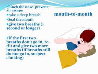 Pinch the nose- prevent
air escape
take a deep breath
Seal the mouth
give two breaths (1
second or longer)
If the first two
breaths don’t go in, re-
tilt and give two more
breaths (if breaths still
do not go in, suspect
choking)
mouth-to-mouth
 