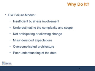 Why Do It?
• DW Failure Modes :
• Insufficient business involvement
• Underestimating the complexity and scope
• Not anticipating or allowing change
• Misunderstood expectations
• Overcomplicated architecture
• Poor understanding of the data
9
 